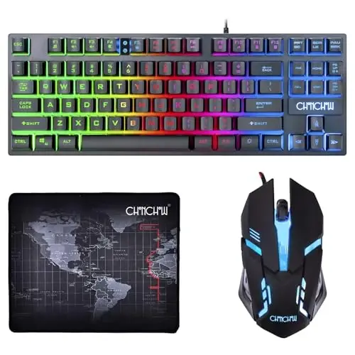 CHONCHOW 87 tugmali TKL o'yin klaviaturasi va sichqoncha kombinatsiyasi, simli LED kamalakli orqa fonli klaviatura 800-3200 DPI RGB sichqoncha, PS4 Xbox PC noutbuk Mac uchun o'yin 