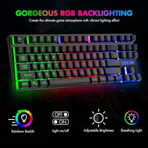 CHONCHOW 87 tugmali TKL o'yin klaviaturasi va sichqoncha kombinatsiyasi, simli LED kamalakli orqa fonli klaviatura 800-3200 DPI RGB sichqoncha, PS4 Xbox PC noutbuk Mac uchun o'yin - CHONCHOW (1)