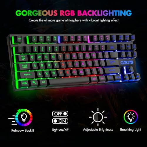 CHONCHOW 87 Tuşlu TKL Oyun Klavyesi ve Fare Kombosu, Kablolu LED Gökkuşağı Arka Aydınlatmalı Klavye 800-3200 DPI RGB Fare, PS4 Xbox PC Dizüstü Bilgisayar Mac için Oyun - 2