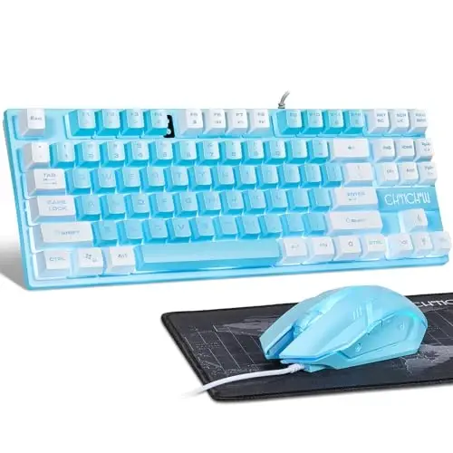 CHONCHOW Blue Keyboard and Mouse Combo, 87 Keys TKL USB Wired LED Light Up Backlit Keyboard, 800-3200 DPI RGB Mouse, Blue Mouse and Keyboard Combo for PS4 PS5 PC Laptop Mac Computers - 1
