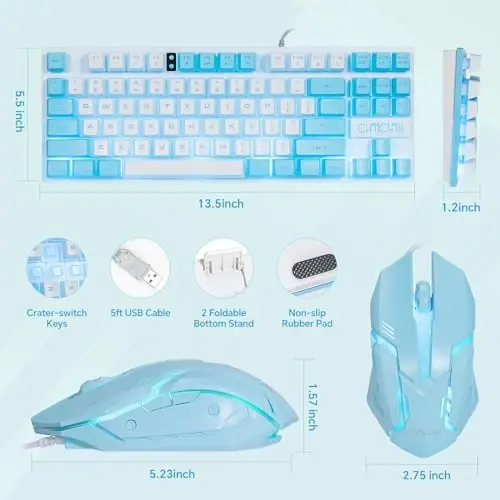 CHONCHOW Blue Klaviatura va sichqoncha toʻplami, 87 ta tugmachali TKL USB simli LED yoritgichli klaviatura, 800-3200 DPI RGB sichqoncha, PS4 PS5 PC noutbuk Mac kompyuterlari uchun koʻk sichqoncha va klaviatura toʻplami - CHONCHOW (1)