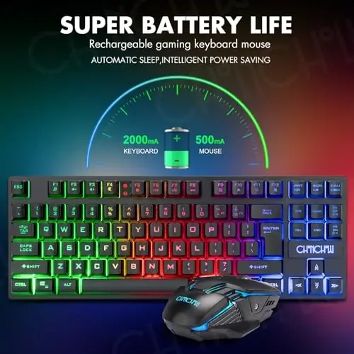 CHONCHOW Wireless Gaming Keyboard and Mouse Combo, Rechargeable 87 Key LED Light Up Keyboard Ergonomic Gaming Mouse, Backlit Wireless Mouse and Keyboard for Xbox PS4 PS4 PC Laptop - 3