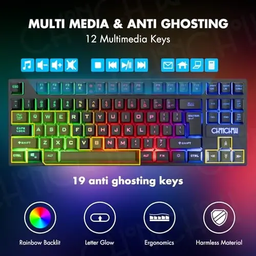 CHONCHOW Wireless Gaming Keyboard and Mouse Combo, Rechargeable 87 Key LED Light Up Keyboard Ergonomic Gaming Mouse, Backlit Wireless Mouse and Keyboard for Xbox PS4 PS4 PC Laptop - 4