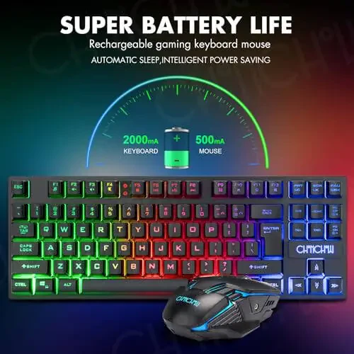CHONCHOW Wireless Gaming Keyboard and Mouse Combo, Rechargeable 87 Key LED Light Up Keyboard, Ergonomic Wireless Gaming Mouse, Backlit for Xbox PS4 PC Laptop - 3