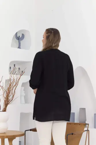 Cho'ntak va yeng detallari bilan Vual Viskoza Yirtikli Katta O'lchamli Qora Tunik - 7