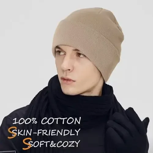 choshion 100% Cotton Beanie Hats for Women Men Winter Soft Warm Knit Cuffed Hats Fisherman Beanie Skull Cap Unisex - 3