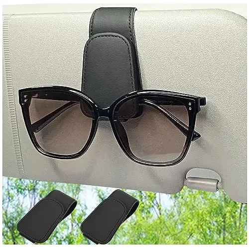 CHOSMOYI 2 Packs Sunglasses Holder for Car, Sunglass Clip for Car Visor, Magnetic Leather Car Eyeglass Holder and Ticket Card Clip, Suitable for Different Size Eyeglasses(Black - 1