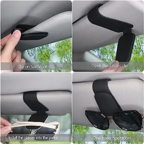 CHOSMOYI 2 Packs Sunglasses Holder for Car, Sunglass Clip for Car Visor, Magnetic Leather Car Eyeglass Holder and Ticket Card Clip, Suitable for Different Size Eyeglasses(Black - 5