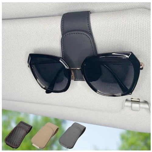 Magnetic Leather Sunglass Holder for Car, Sunglasses Clip for Car Visor, Auto Interior Accessories Universal for Different Size Eyeglasses (Black) 