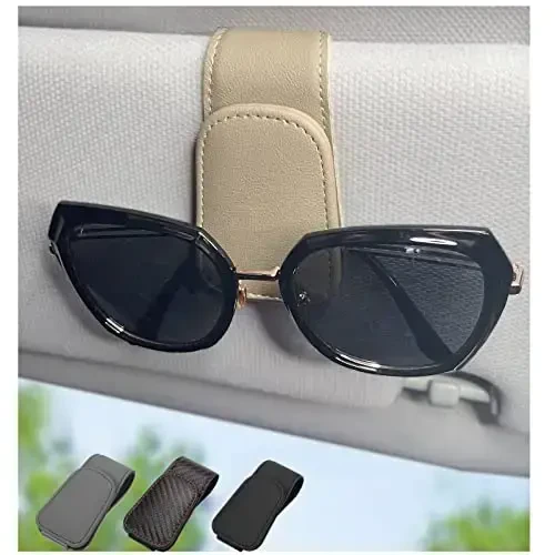 CHOSMOYI Magnetic Leather Sunglass Holder for Car, Sunglasses Clip for Car Visor, Auto Interior Accessories Universal for Different Size Eyeglasses (Beige) - CHOSMOYI