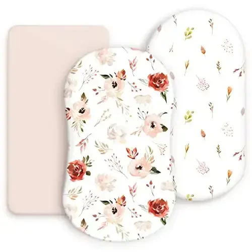 Cho'ziluvchan Ultra Yumshoq Bassinet Fitted Sheets 3 Paket, Bassinetlar uchun Universal Oval To'rtburchak Mattress, Go'zal Bassinet Sheets Baby Girls uchun, Watercolor Rose Flora Orange Pink 