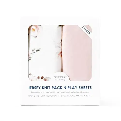 Cho'ziluvchan Ultra Yumshoq Jersi Trikotaj O'rnatilgan Pack n Play Choyshablar To'plami 2 Paket, Qizlar uchun Portativ/Mini Karavot Choyshablari, Pack N Plays Safe va Snug uchun Universal Mos, Pushti Gul Bosma - 4