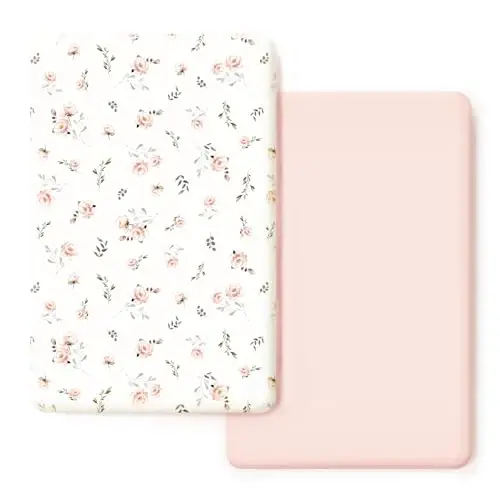 Cho'ziluvchan Ultra Yumshoq Jersi Trikotaj O'rnatilgan Pack n Play Choyshablar To'plami 2 Paket, Qizlar uchun Portativ/Mini Karavot Choyshablari, Pack N Plays Safe va Snug uchun Universal Mos, Pushti Gul Bosma - STRETCHY