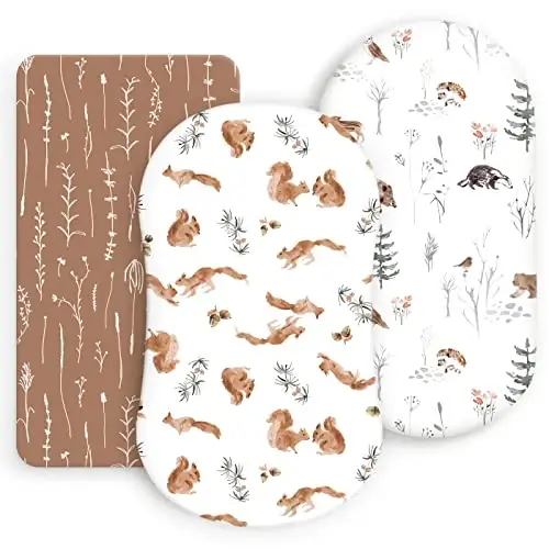 Stretchy Ultra Soft Fitted Bassinet Sheet Set 3 Pack, Universal Fit for Bassinets Baby Cradle Moses Basket Oval Rectangle Mattress Safe and Snug, Cute Jungle Squirrels and Animals 