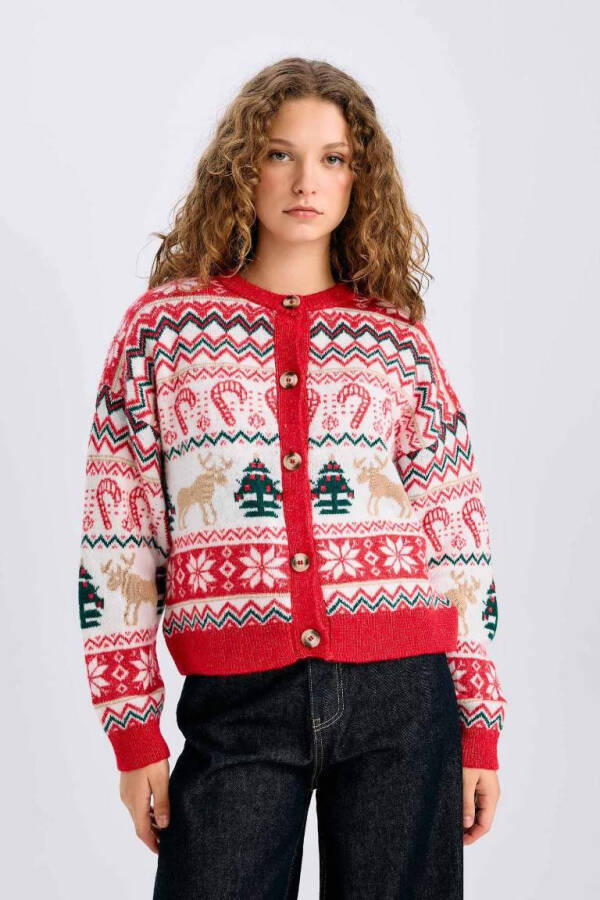 Christmas-themed Cycling Collar Buttoned Tricot Cardigan Ecru - 4