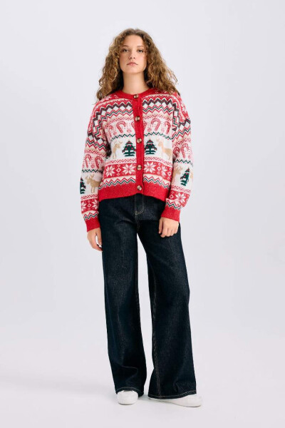 Christmas-themed Cycling Collar Buttoned Tricot Cardigan Ecru - 5