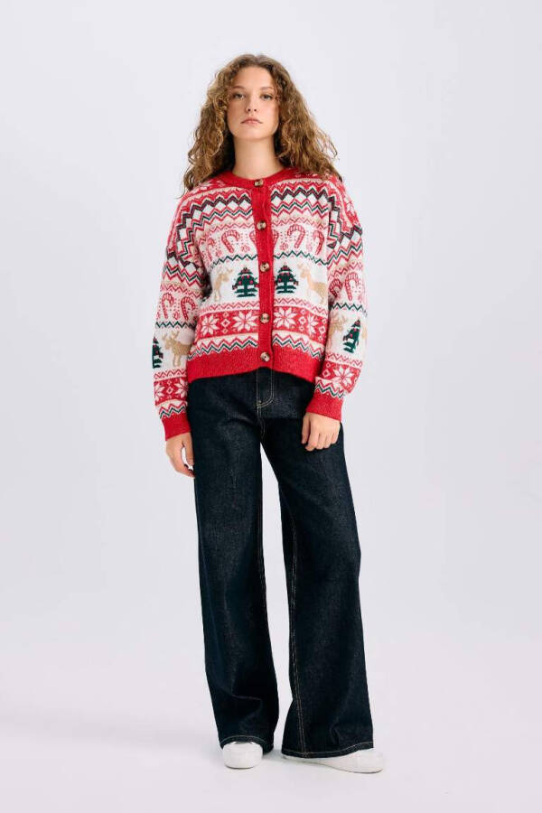 Christmas-themed Cycling Collar Buttoned Tricot Cardigan Ecru - 5