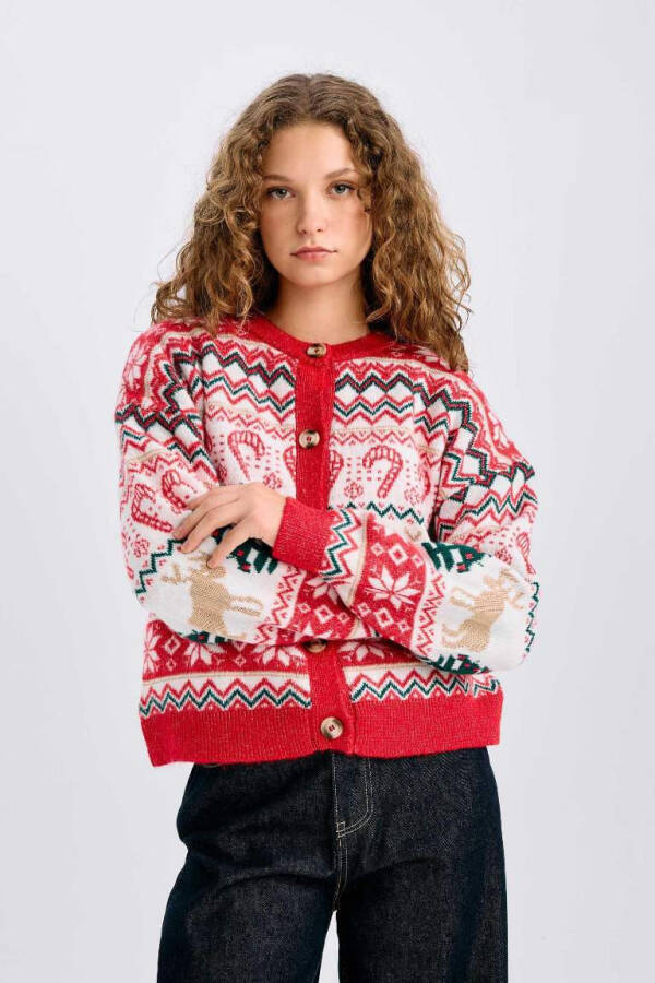 Christmas-themed Cycling Collar Buttoned Tricot Cardigan Ecru - 6