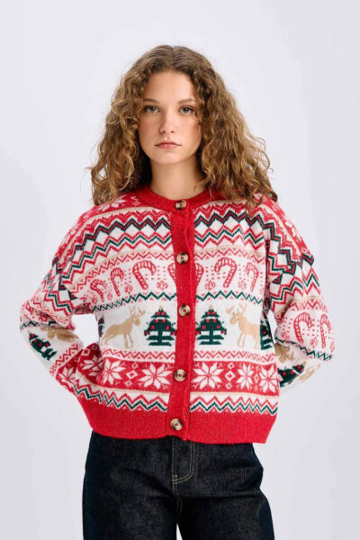 Christmas-themed Cycling Collar Buttoned Tricot Cardigan Ecru - 7