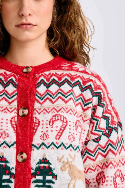 Christmas-themed Cycling Collar Buttoned Tricot Cardigan Ecru - 8