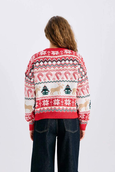 Christmas-themed Cycling Collar Buttoned Tricot Cardigan Ecru - 9