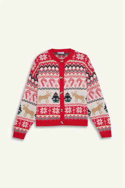 Christmas-themed Cycling Collar Buttoned Tricot Cardigan Ecru - 10