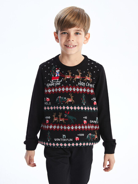 Christmas Themed Long Sleeve Boy's Knit Sweater with a Crew Neck - 11