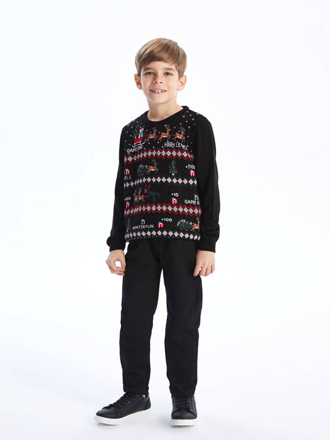 Christmas Themed Long Sleeve Boy's Knit Sweater with a Crew Neck - 12