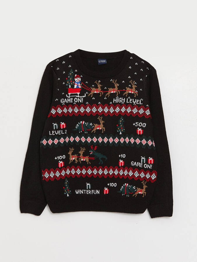 Christmas Themed Long Sleeve Boy's Knit Sweater with a Crew Neck - 13