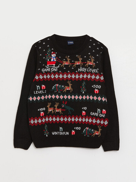 Christmas Themed Long Sleeve Boy's Knit Sweater with a Crew Neck - 3