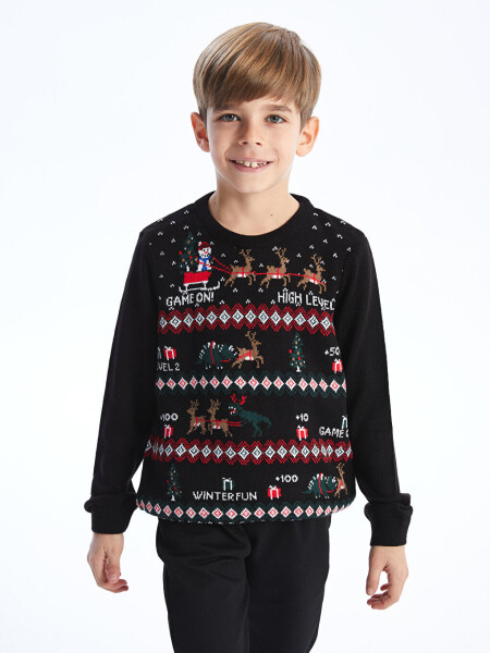 Christmas Themed Long Sleeve Boy's Knit Sweater with a Crew Neck - 16