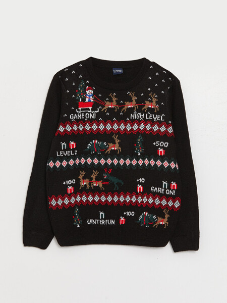 Christmas Themed Long Sleeve Boy's Knit Sweater with a Crew Neck - 18