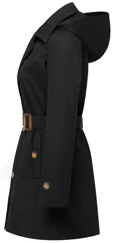 Chrisuno Women's Double-Breasted Trench Coat Mid-Length Belted Lapel Overcoat Pea Coats Outerwear Black S- - 2