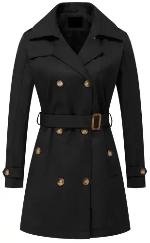 Chrisuno Women's Double-Breasted Trench Coat Mid-Length Belted Lapel Overcoat Pea Coats Outerwear Black S- - 7