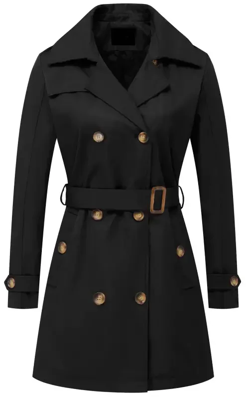 Chrisuno Women's Double-Breasted Trench Coat Mid-Length Belted Lapel Overcoat Pea Coats Outerwear Black S- - 7