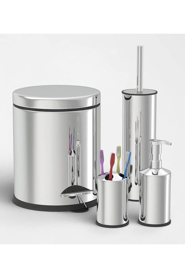 Chrome 4 Piece Set Pedal Bin Toilet Brush Soap Dispenser Toothbrush Holder Set - 6