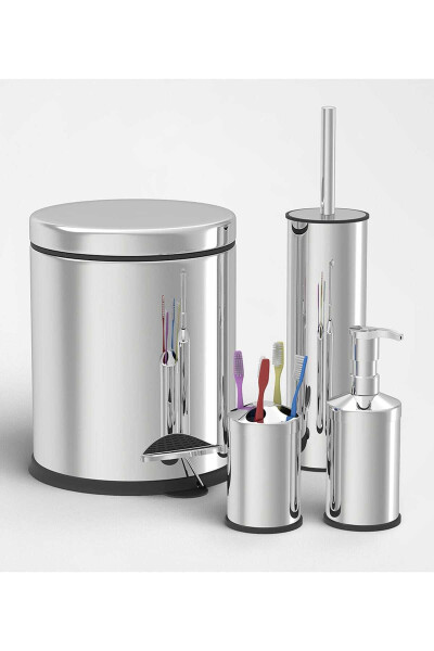 Chrome 4 Piece Set Pedal Bin Toilet Brush Soap Dispenser Toothbrush Holder Set - 4