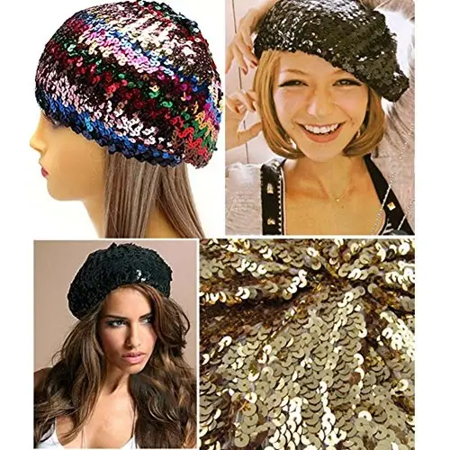 CHUANGLI Sparkly Sequins Beret Hat Glitter Mermaid Cap for Dancing Party Fancy Dress - Modazone (1)