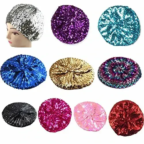 CHUANGLI Sparkly Sequins Beret Hat Glitter Mermaid Cap for Dancing Party Fancy Dress 