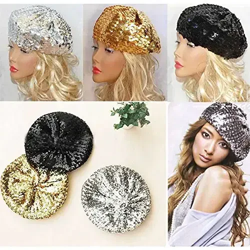 CHUANGLI Sparkly Sequins Beret Hat Glitter Mermaid Cap for Dancing Party Fancy Dress - 2