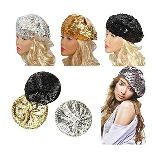 CHUANGLI Sparkly Sequins Beret Hat Glitter Mermaid Cap for Dancing Party Fancy Dress - 7