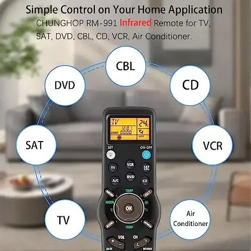 CHUNGHOP Universal IR Learning Remote Control for Smart TV SAT DVD CBL CD VCR Air Conditioner 6 in 1 RM-991Multifunctional Controller with LCD Display Screen - 2