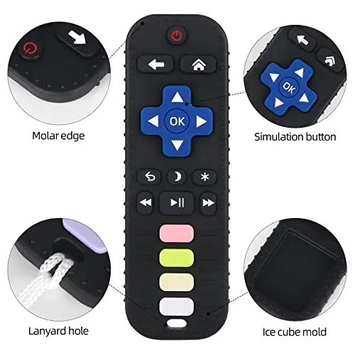 Chuya Baby Teether for Babies 3 6 12 18 24 Months TV Remote Control Shape | Soft Gums Chew Toys Black+Blue - CHUYA (1)