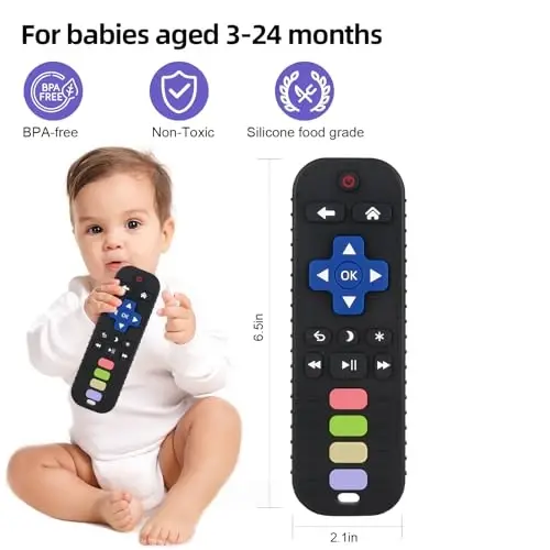 Chuya Baby Teether for Babies 3 6 12 18 24 Months TV Remote Control Shape | Soft Gums Chew Toys Black+Blue - 9