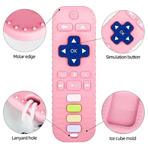 Chuya Baby Teether TV Remote Control Shape Teething Toys | for Babies 3 6 9 12 18 24 Months for Infants Teething Relief Black+Pink - 2