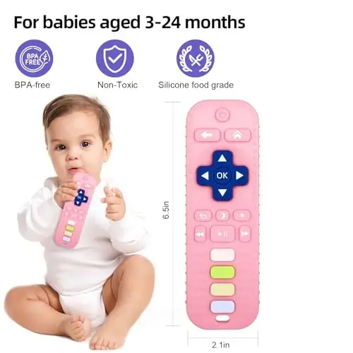 Chuya Baby Teether TV Remote Control Shape Teething Toys | for Babies 3 6 9 12 18 24 Months for Infants Teething Relief Black+Pink - 3