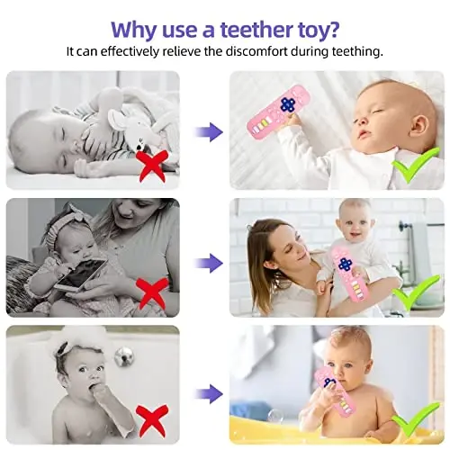 Chuya Baby Teether TV Remote Control Shape Teething Toys | for Babies 3 6 9 12 18 24 Months for Infants Teething Relief Black+Pink - 4
