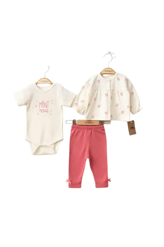 Ciccim %100 Pamuk Çilek Desenli Zıbınlı 3 Lü Bebek Takım-Beyaz - BABY