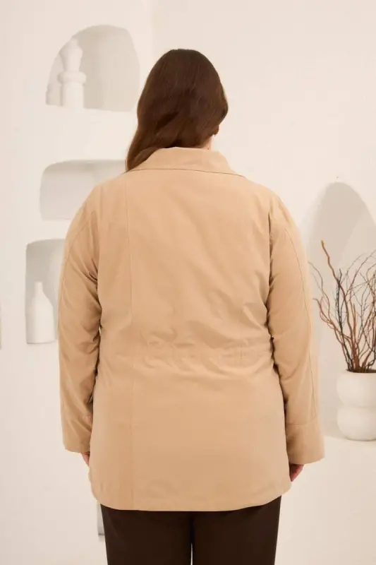 Çiçek Aplikeli Kadın Büyük Beden Trençkot Krem - 5