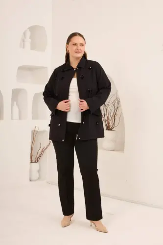 Çiçek Aplikeli Kadın Büyük Beden Trençkot Siyah - 5